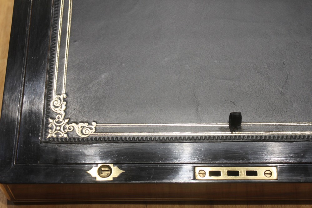 Victorian walnut writing slope, brass bound with secret drawers View VII