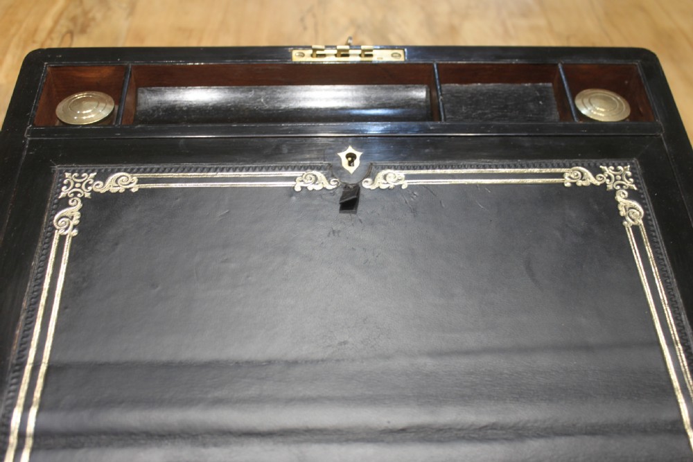 Victorian walnut writing slope, brass bound with secret drawers View IX