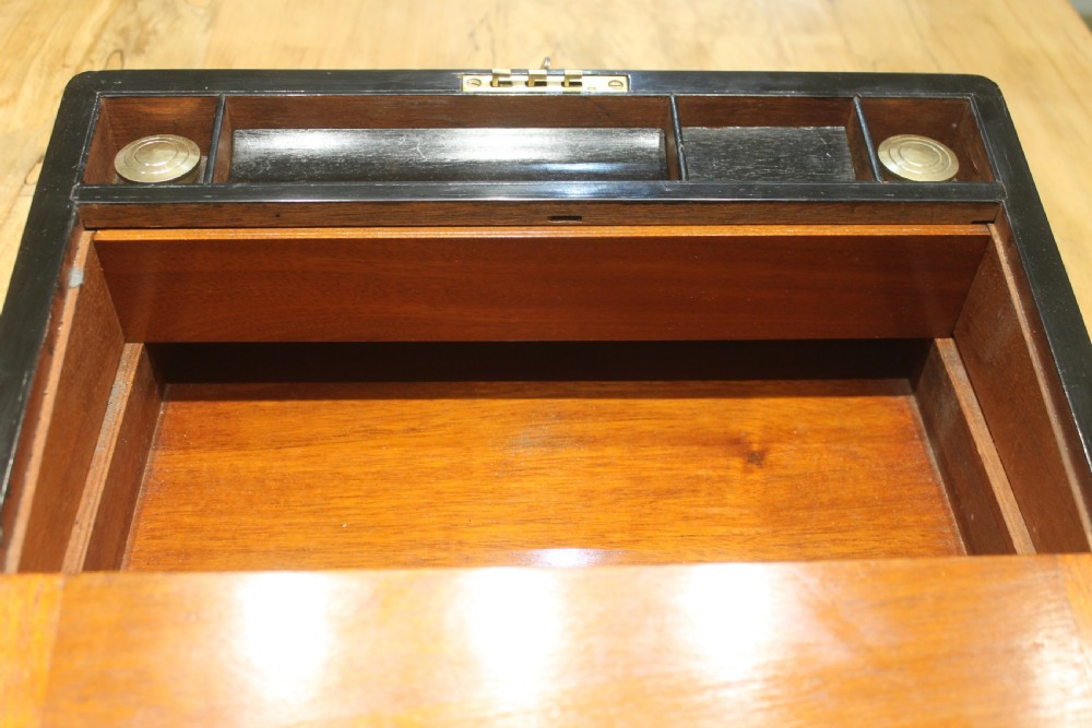 Victorian walnut writing slope, brass bound with secret drawers View X