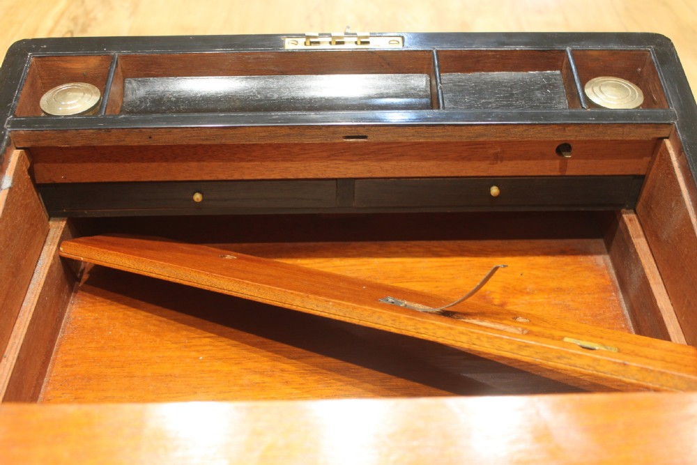 Victorian walnut writing slope, brass bound with secret drawers View XI