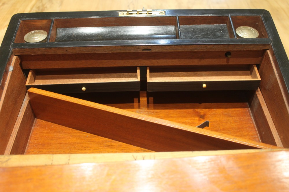 Victorian walnut writing slope, brass bound with secret drawers View XII