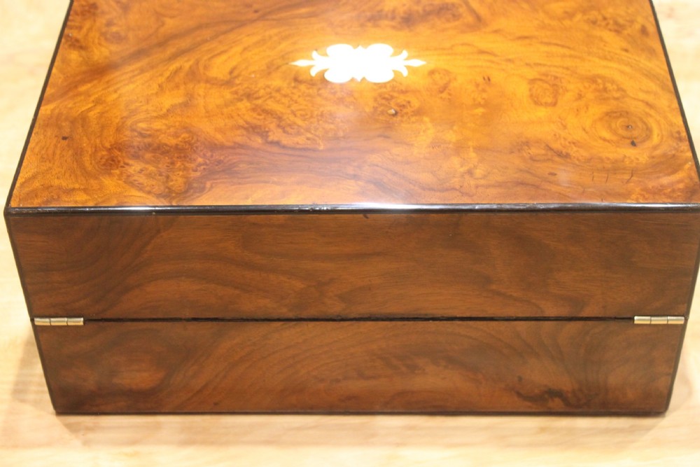 A Victorian burr walnut writing slope with secret drawers & Bramah lock View IV