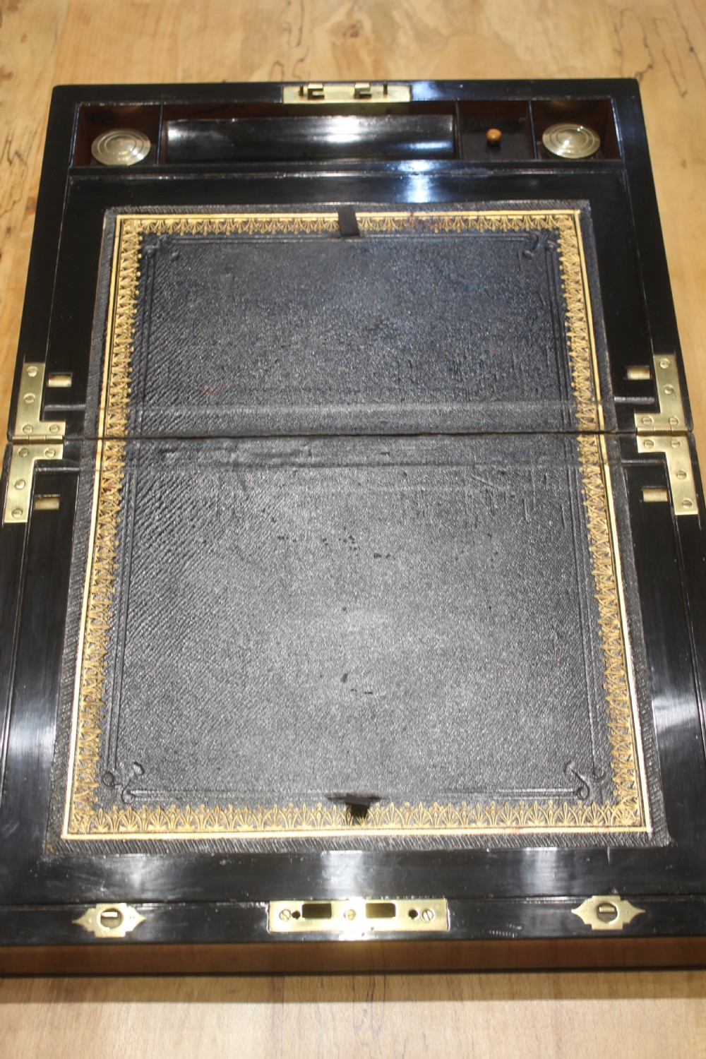 A Victorian burr walnut writing slope with secret drawers & Bramah lock View VII