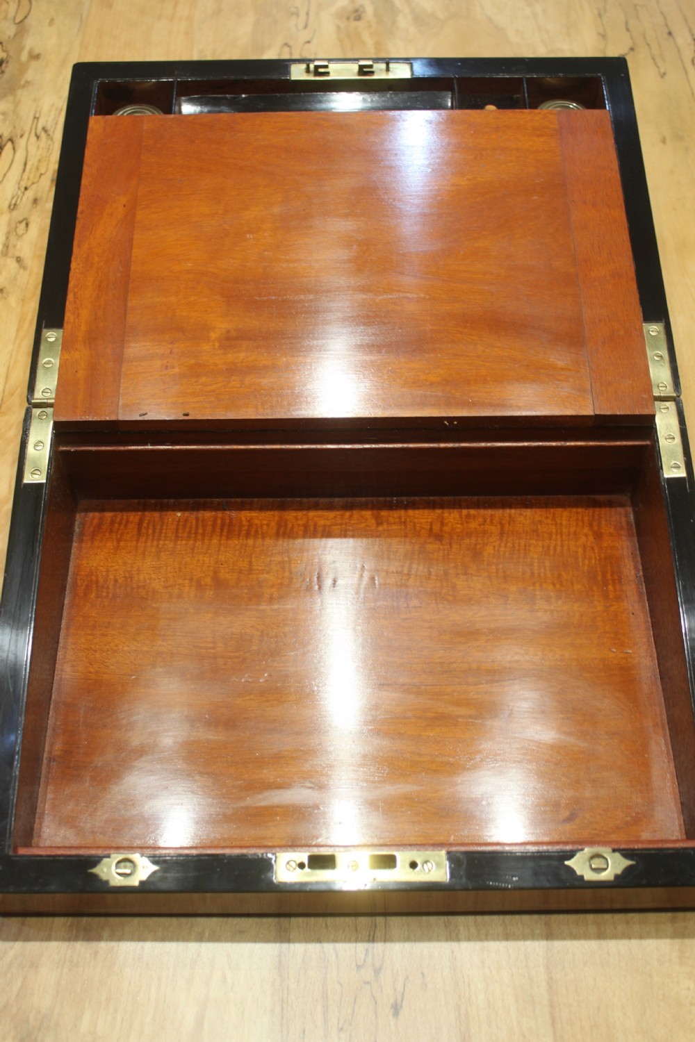 A Victorian burr walnut writing slope with secret drawers & Bramah lock View VIII