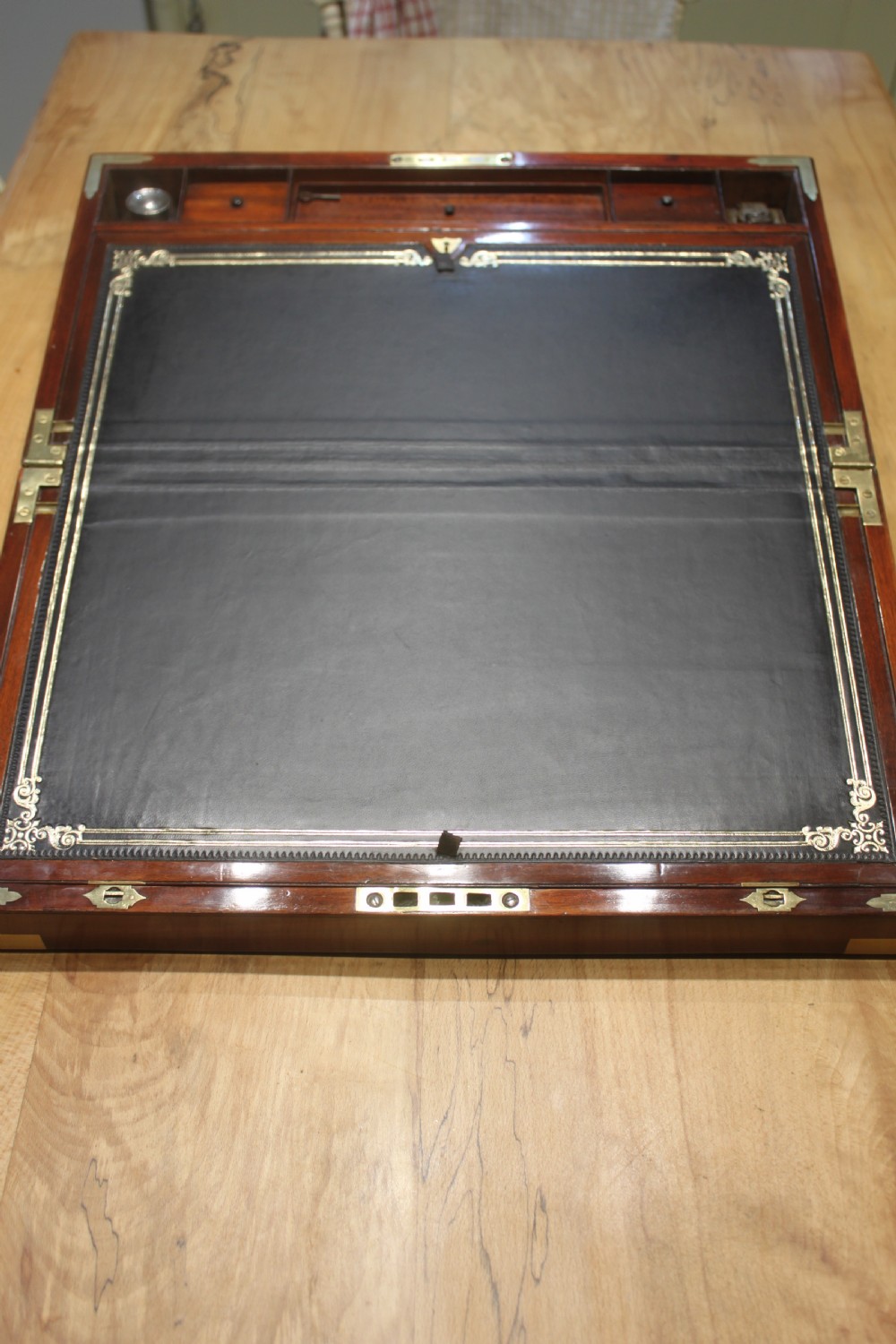 Georgian mahogany and brass bound campaign writing slope.  View V