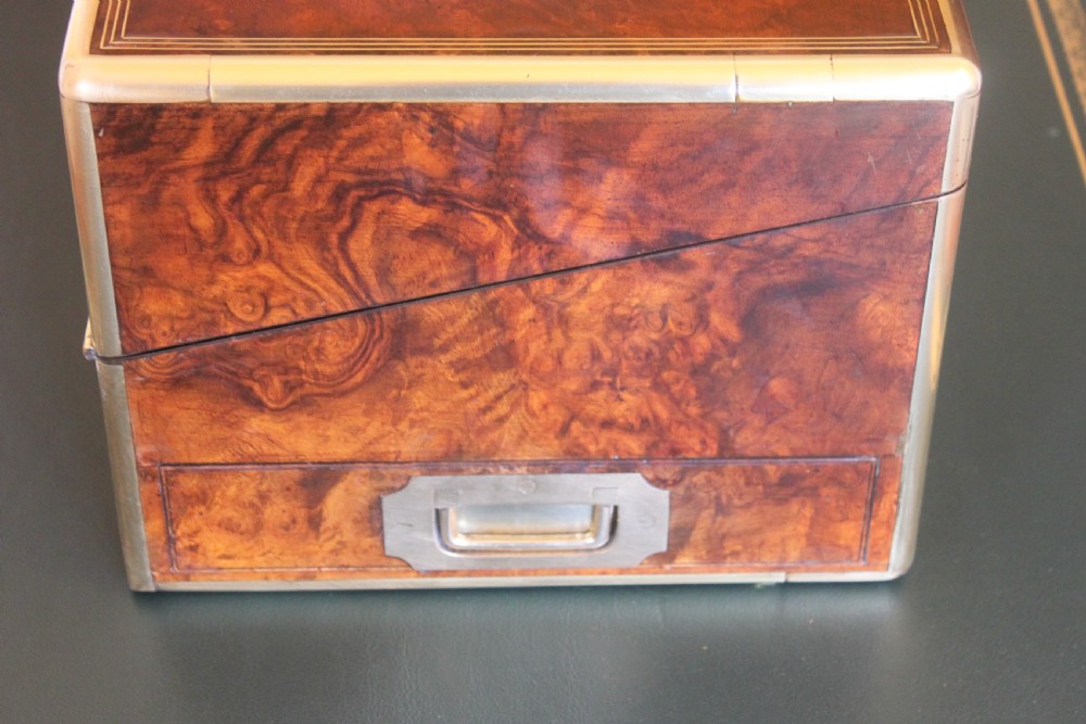 Magnificent quality large burr walnut and brass inlaid writing slope with secret drawers View II