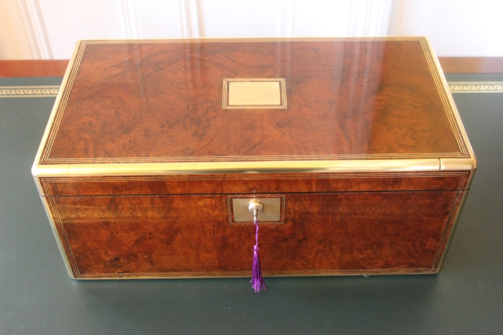 Magnificent quality large burr walnut and brass inlaid writing slope with secret drawers View III