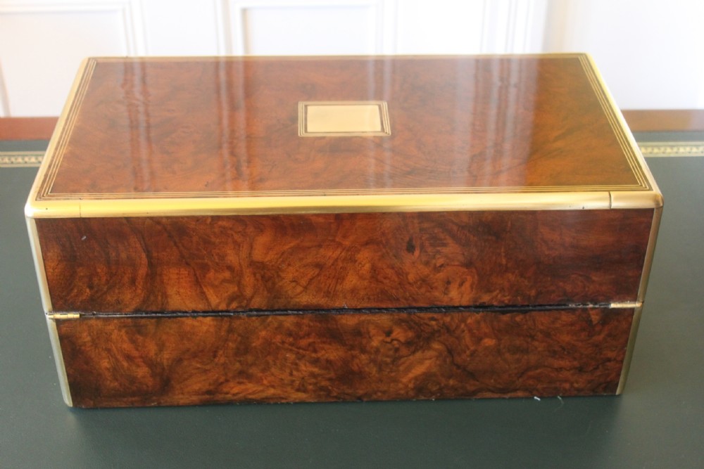 Magnificent quality large burr walnut and brass inlaid writing slope with secret drawers View IV