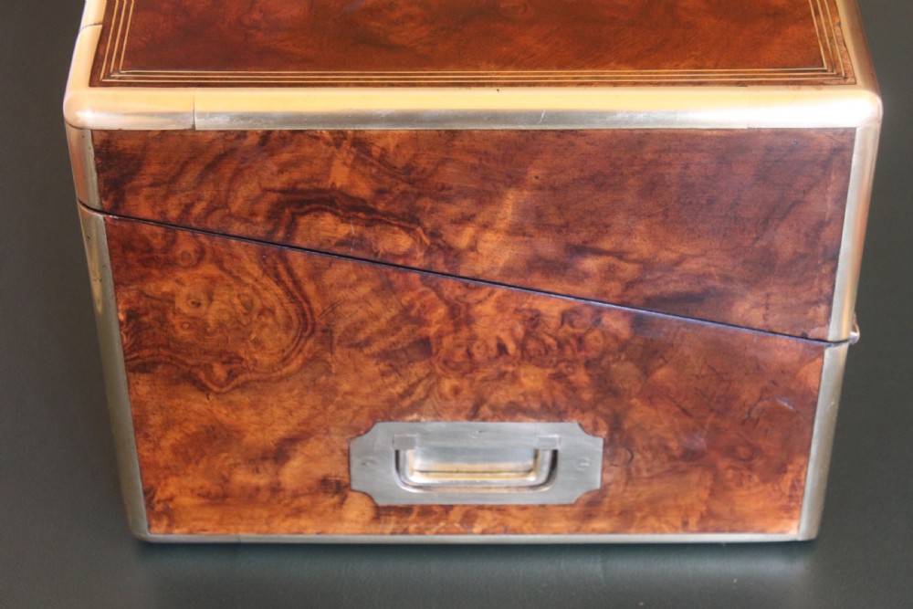 Magnificent quality large burr walnut and brass inlaid writing slope with secret drawers View V