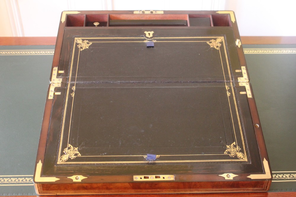 Magnificent quality large burr walnut and brass inlaid writing slope with secret drawers View VI