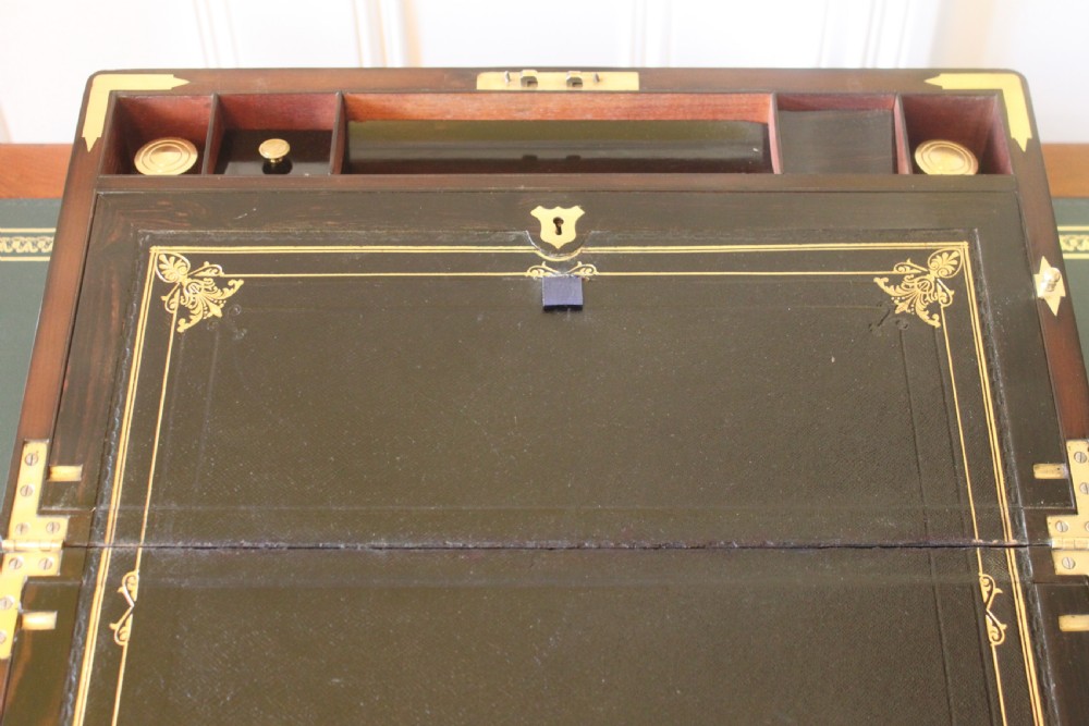 Magnificent quality large burr walnut and brass inlaid writing slope with secret drawers View VII