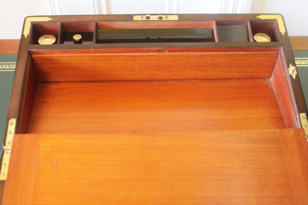 Magnificent quality large burr walnut and brass inlaid writing slope with secret drawers View IX