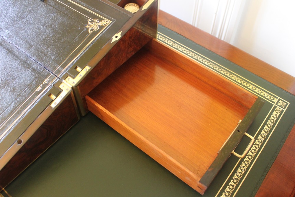 Magnificent quality large burr walnut and brass inlaid writing slope with secret drawers View XIV