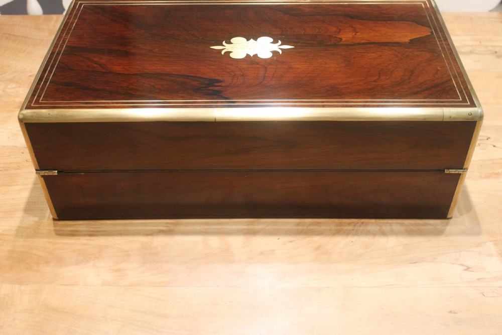 A large 19th century rosewood writing slope with brass inlay View III