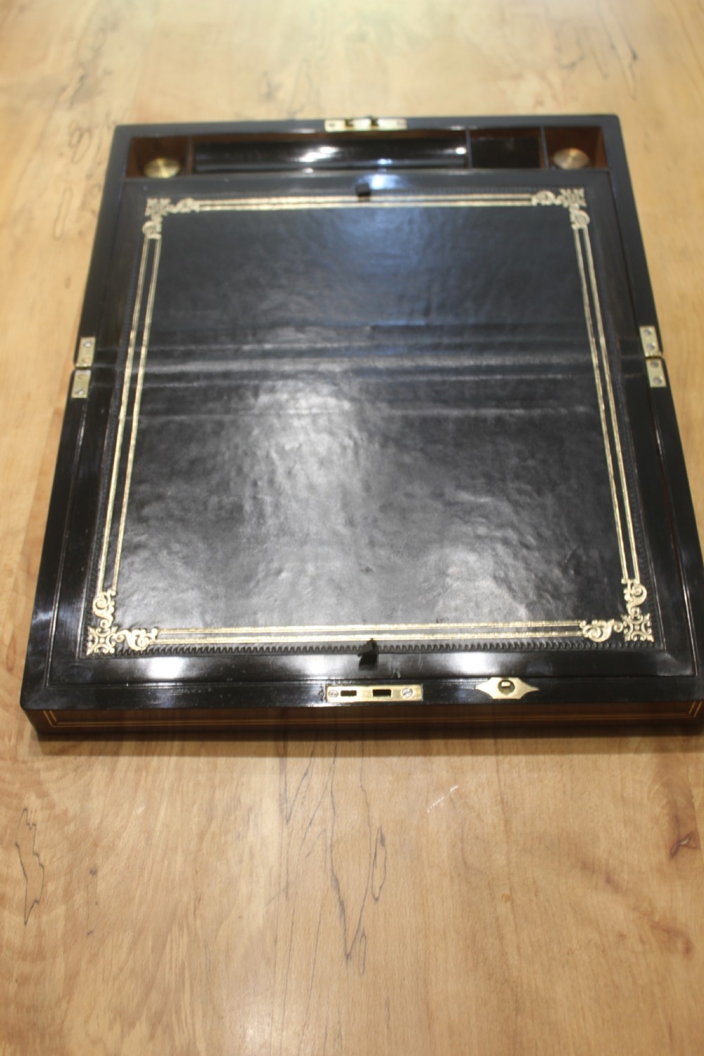 Victorian mahogany and brass inlaid writing slope View V