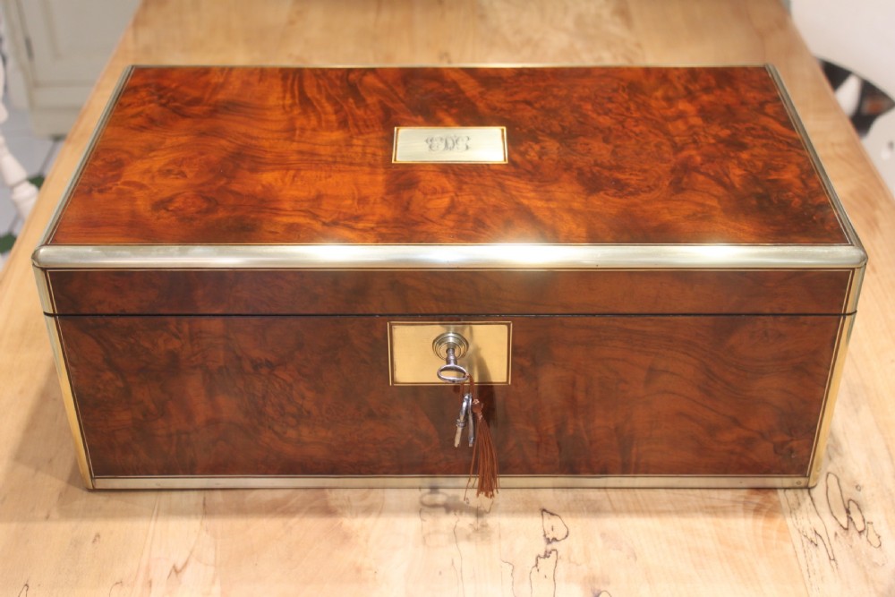Large Victorian walnut writing slope with Bramah lock and keys