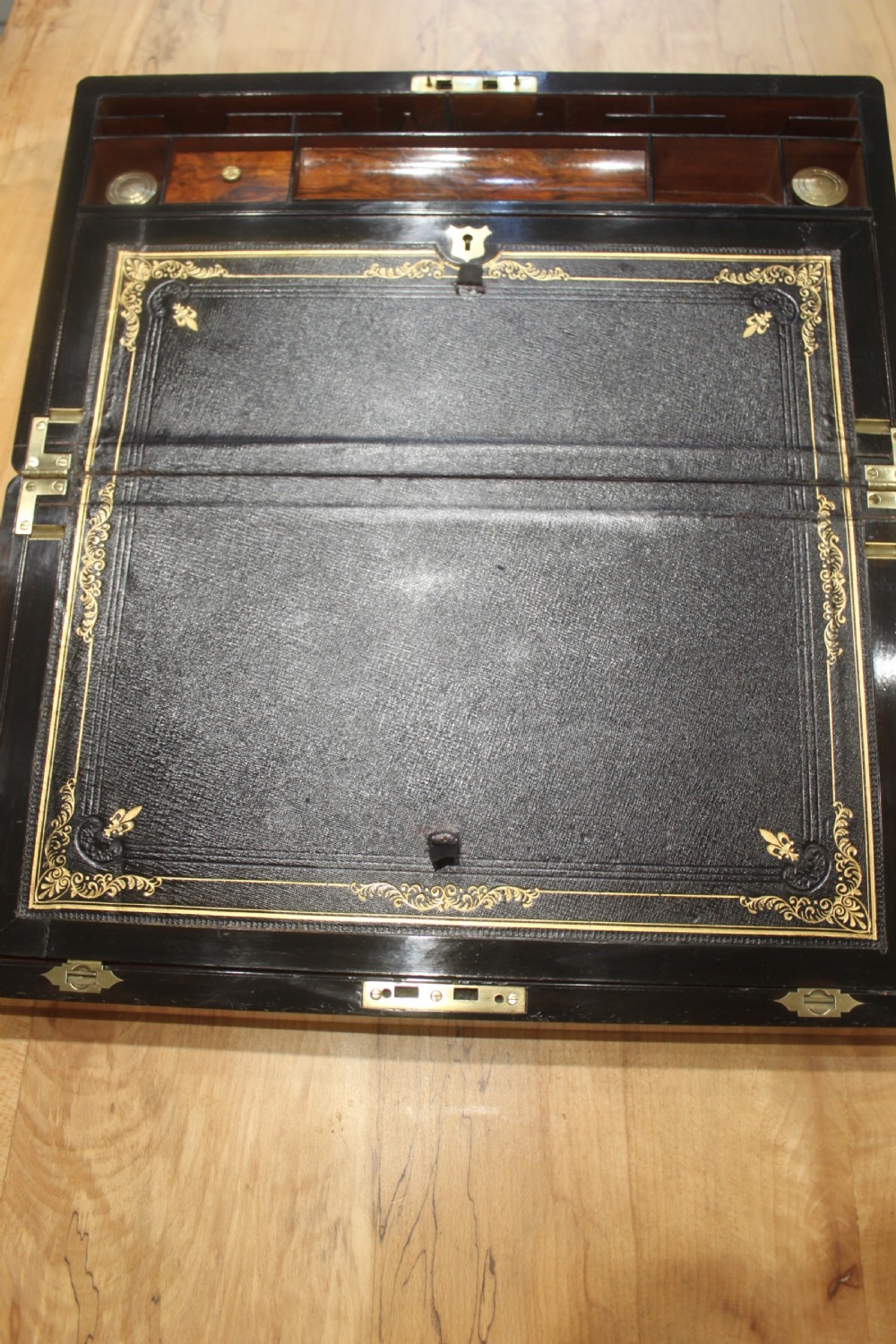 Large Victorian walnut writing slope with Bramah lock and keys View V