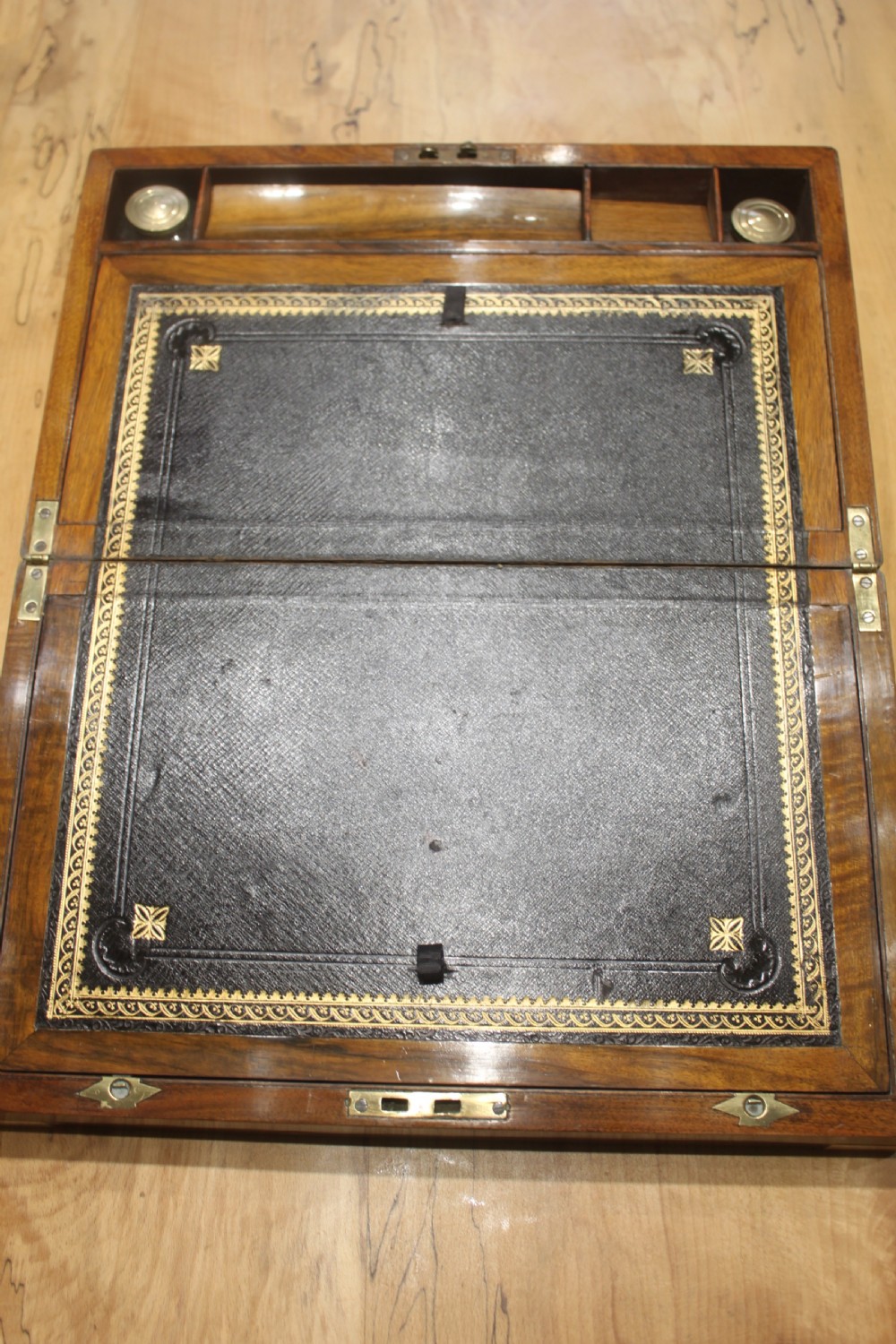 Victorian walnut brass bound writing slope View VI
