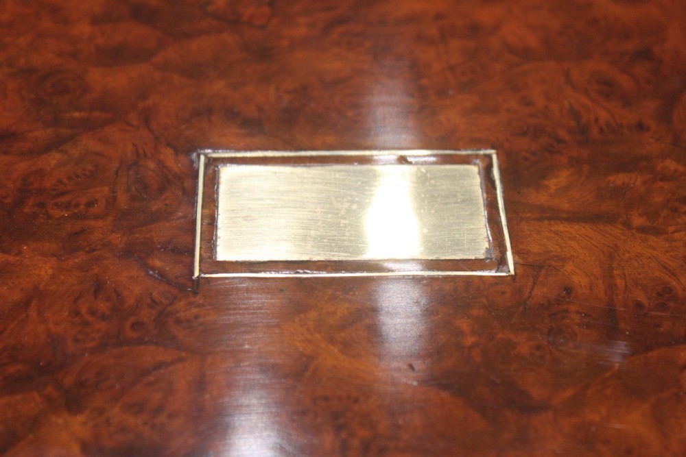 A rectangular Victorian burr walnut writing slope featuring a brass cartouche on top and a brass escutcheon with key on the front. View XIV