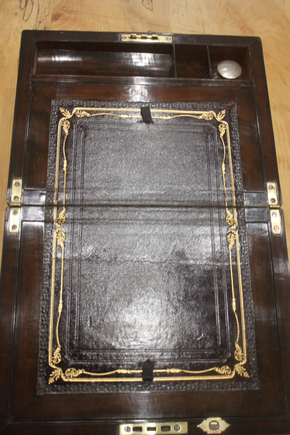 Walnut Victorian brass bound writing slope with secret drawers View VII