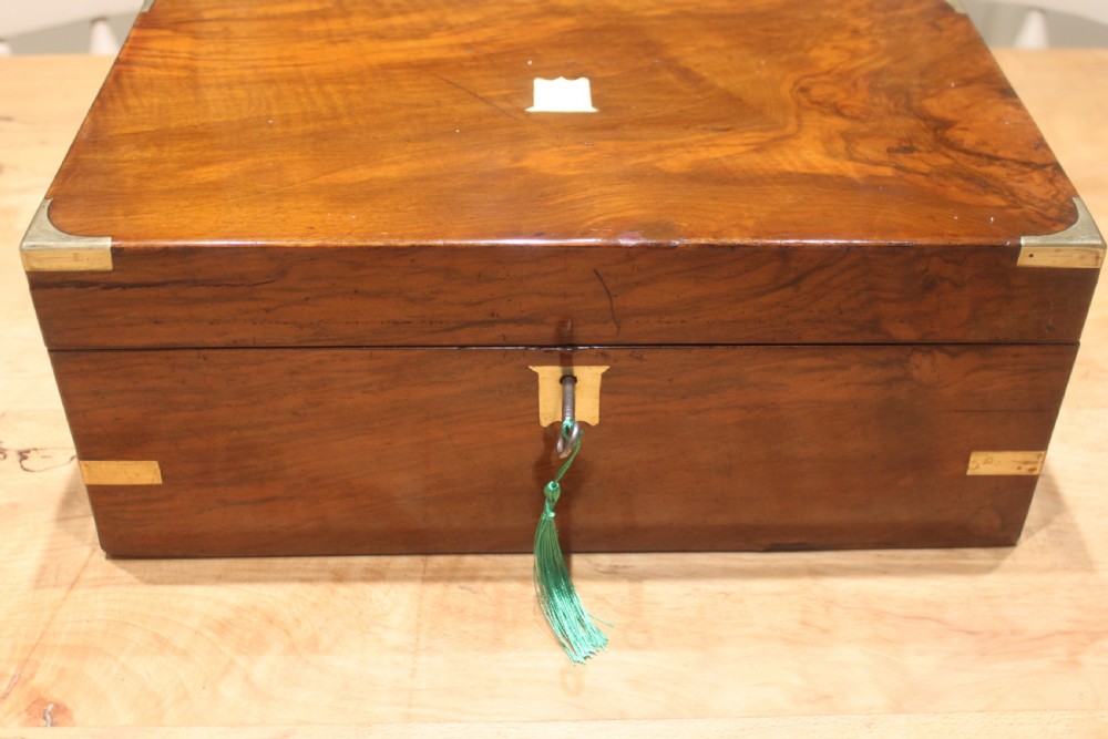 Victorian walnut writing slope with brass corners View II