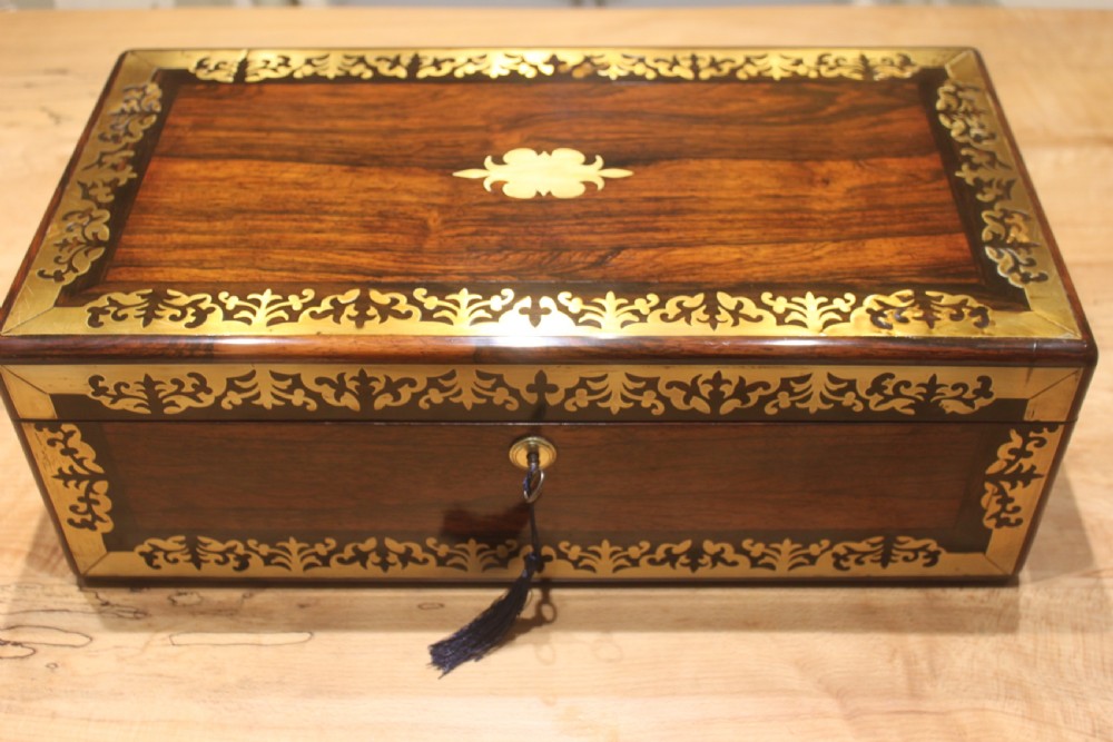  Regency period brass inlaid writing slope with side drawer and secret drawers