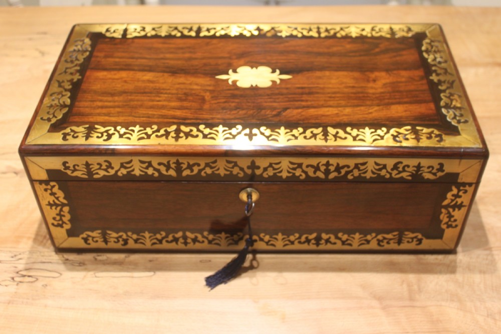  Regency period brass inlaid writing slope with side drawer and secret drawers View II