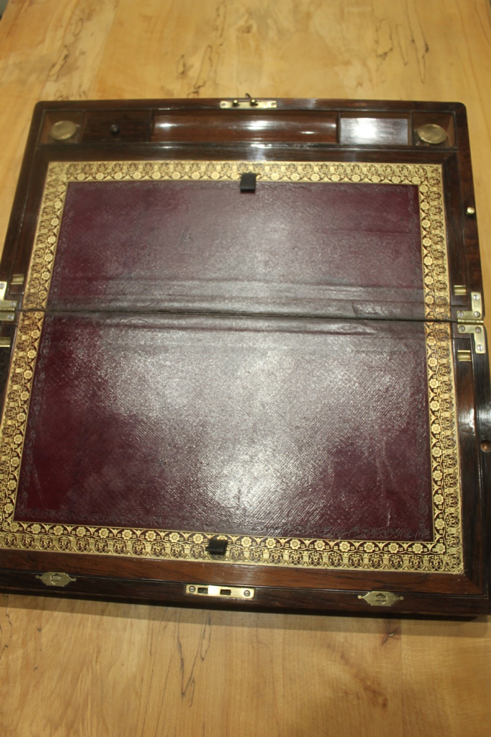 Regency period brass inlaid writing slope with side drawer and secret drawers View VI