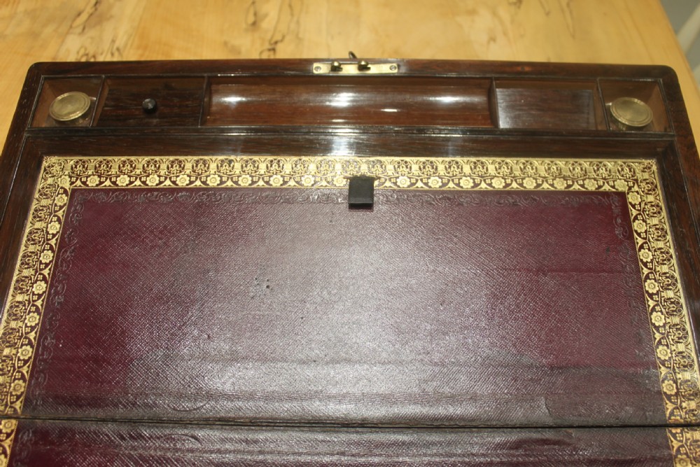  Regency period brass inlaid writing slope with side drawer and secret drawers View IX