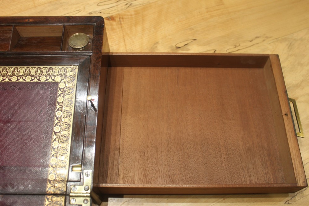  Regency period brass inlaid writing slope with side drawer and secret drawers View XIII