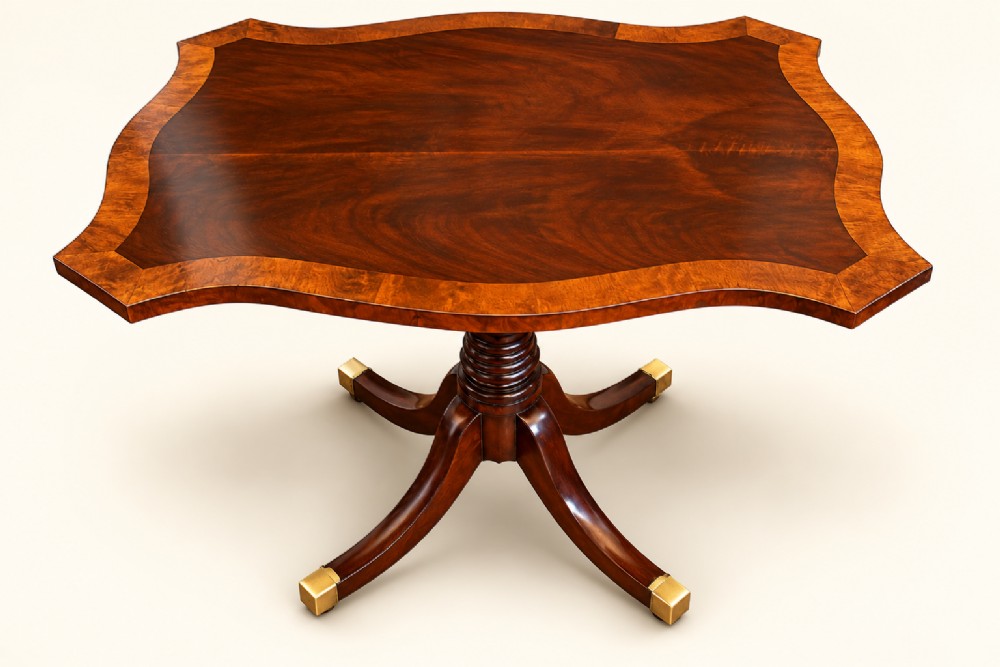 A 19th-century mahogany occasional table featuring a serpentine-shaped tilt top with decorative crossbanding, a turned pedestal base, and four splayed legs ending in brass toe caps.