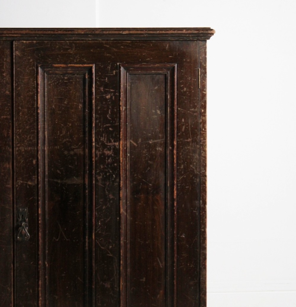 A 19th-century dark stained pine cupboard featuring double-panelled doors, a plinth base, and surface scratches. View V