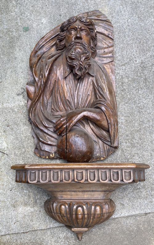 LARGE C17TH CARVED WALNUT FIGURE OF GOD THE FATHER WITH ORB
