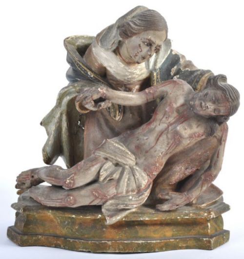 C17th Carved Polychrome Figurative Group of the Pieta