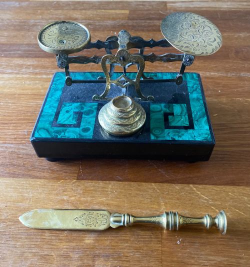 Victorian Slate and Malachite Based Brass Letter Scales