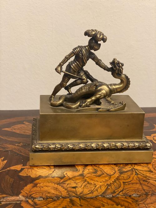 Early C19th Brass Inkwell Featuring St George and the Dragon