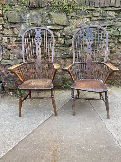 Pair of C19th Elm and Beech Tall Hooped Back Wheel Back Chairs