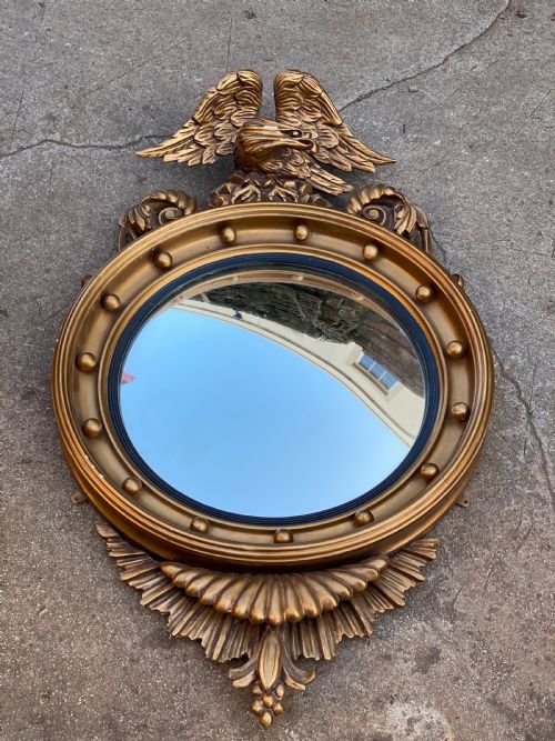 C19th Large Convex Giltwood Carved Mirror