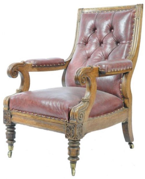 C19th English Carved Oak Library Armchair with Leather Upholstery