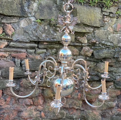 A LARGE SILVER PLATED DUTCH BRASS 6 ARMED CHANDELIER - ADDITIONAL PHOTO 1
