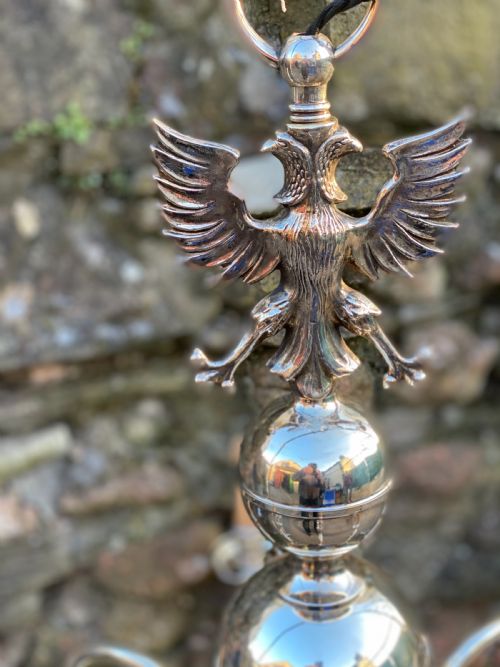 A LARGE SILVER PLATED DUTCH BRASS 6 ARMED CHANDELIER - ADDITIONAL PHOTO 2