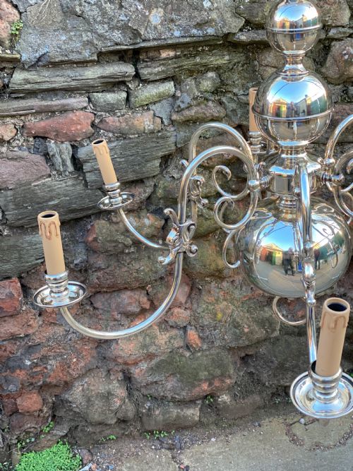A LARGE SILVER PLATED DUTCH BRASS 6 ARMED CHANDELIER - ADDITIONAL PHOTO 7