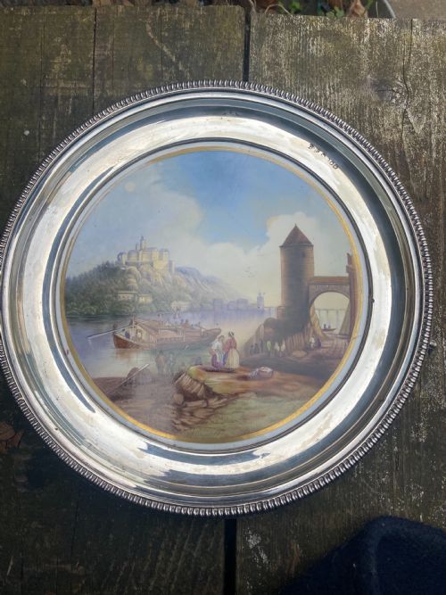 Silver Plated on Copper Serving Tray with Hand Painted Porcelain Plaque to the Centre by George Richmond  Collis C1837