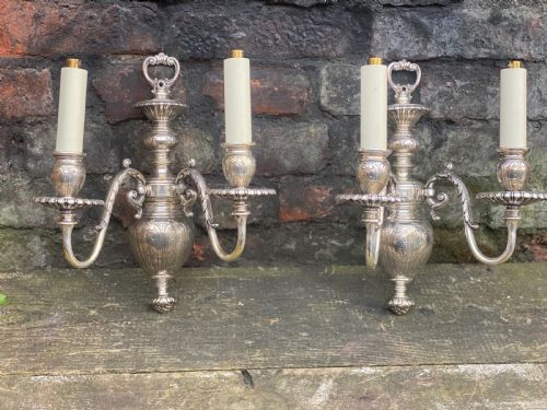 Pair of Edwardian Silver Plated Twin Armed Wall Lights