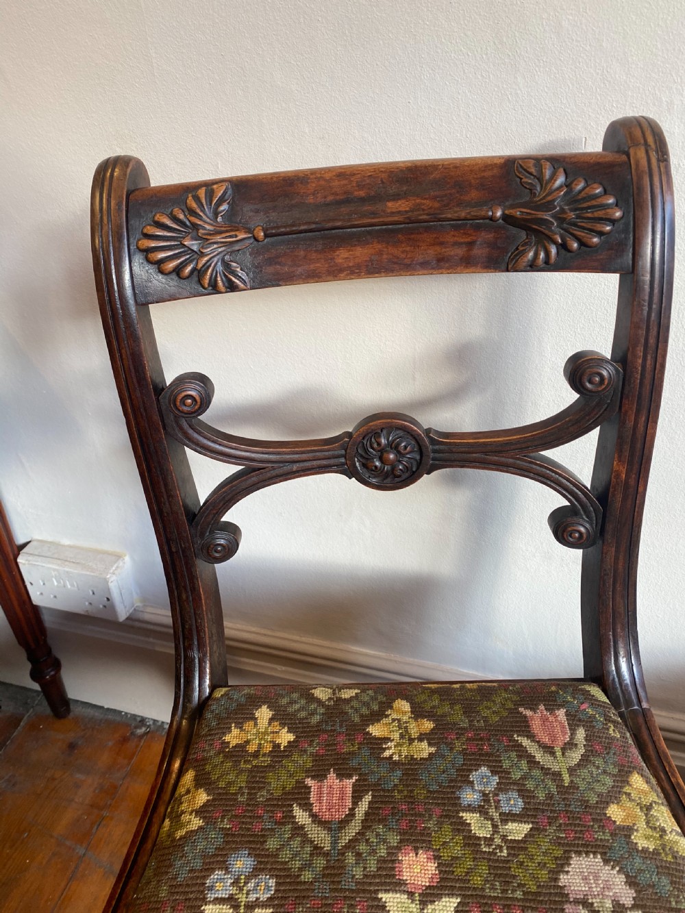 Pair of regency chairs with tapestry seat in the gillows manner  View V