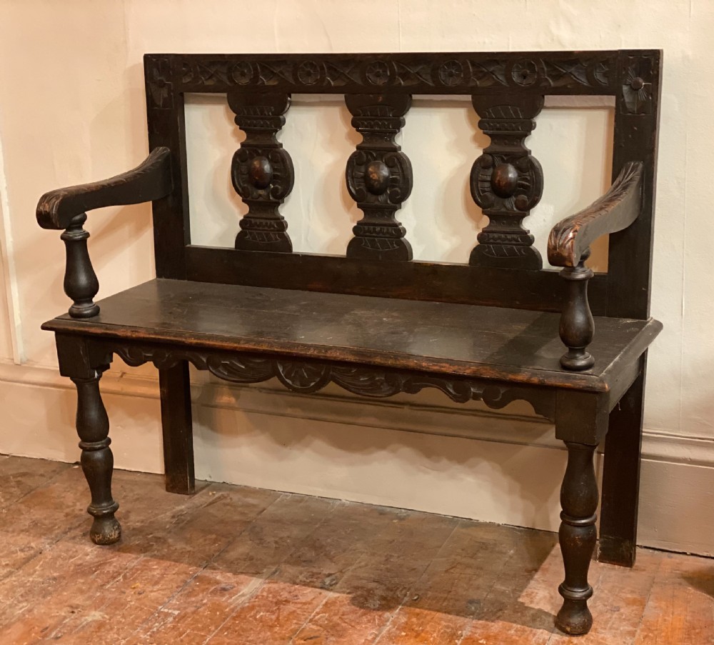 C19th two seater carved  hall bench 