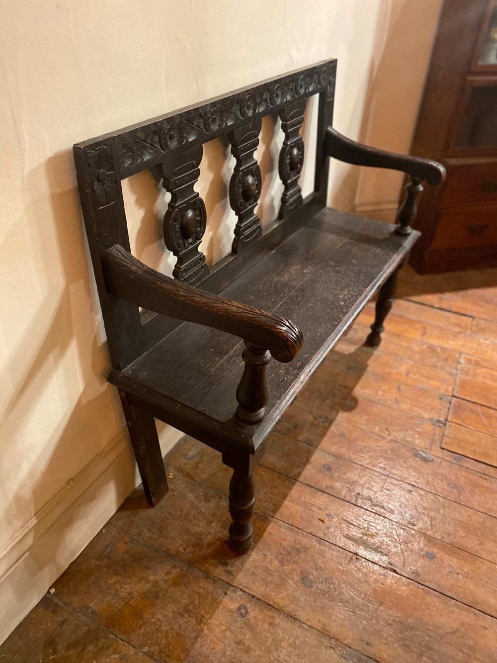 C19th two seater carved  hall bench  View II