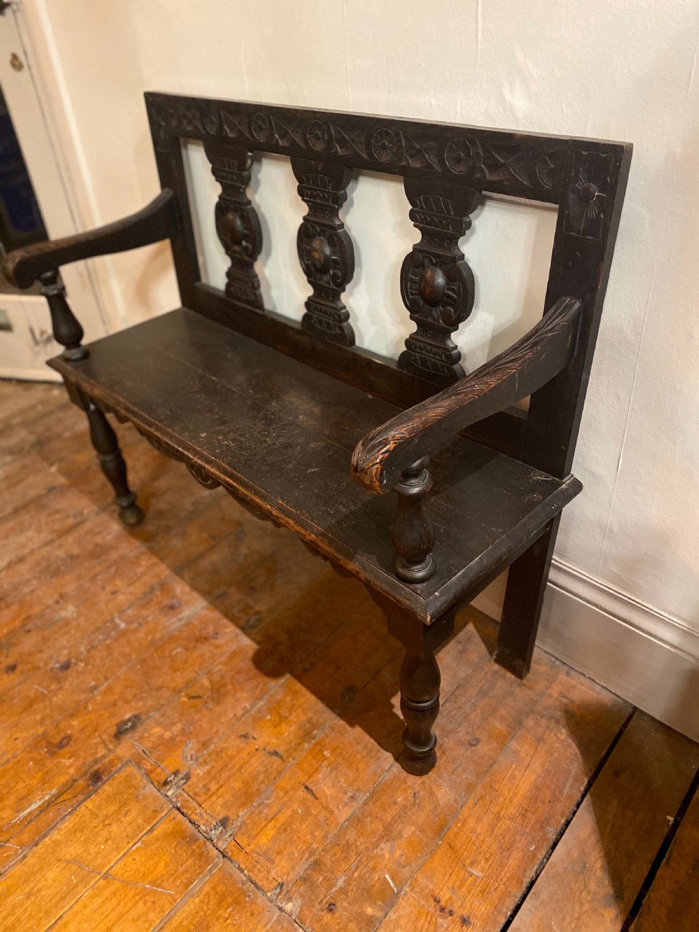 C19th two seater carved  hall bench  View III
