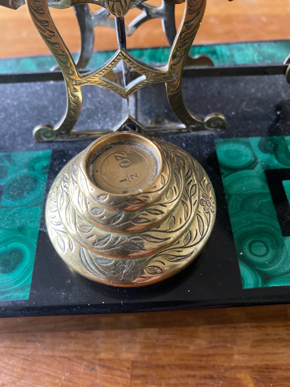 victorian slate and malachite based brass letter scales  View IV