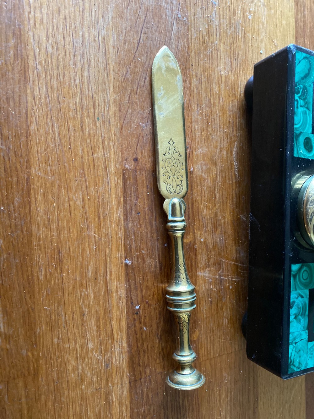 victorian slate and malachite based brass letter scales  View VIII